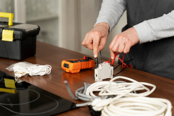 A good handyman Chicago working at a table, using a multimeter to test an electrical component surrounded by tools, cables, and a toolbox.