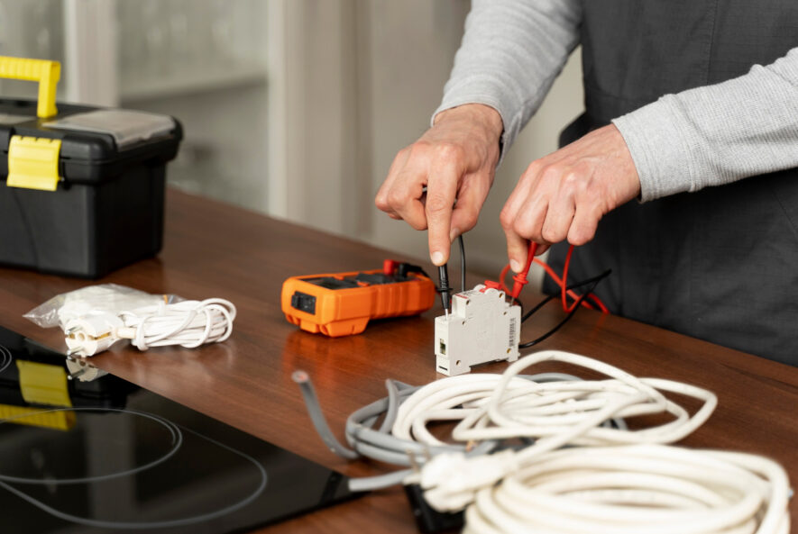 A good handyman Chicago working at a table, using a multimeter to test an electrical component surrounded by tools, cables, and a toolbox.