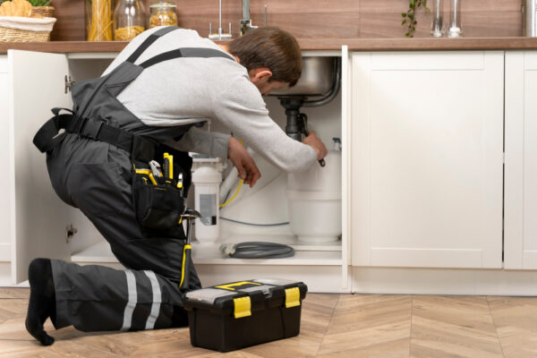 A plumber kneels on the kitchen floor, working under a sink to fix pipes and equipment, appearing to address a small plumbing problem as a leak crossword, with tools and a toolbox nearby.
