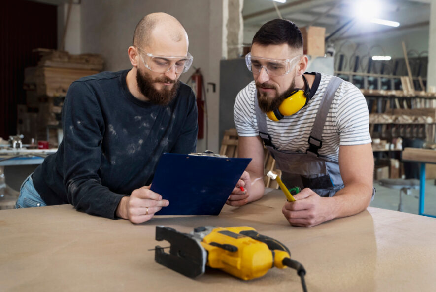 Two workers in a workshop looking over a clipboard together, with one acting like a Chicago handyman, wearing safety gear and holding tools.