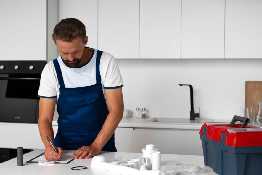 A handyman in a modern kitchen wearing blue overalls and a white t-shirt, writing notes on a clipboard with various plumbing parts and a toolbox on the countertop, representing common home repairs.
