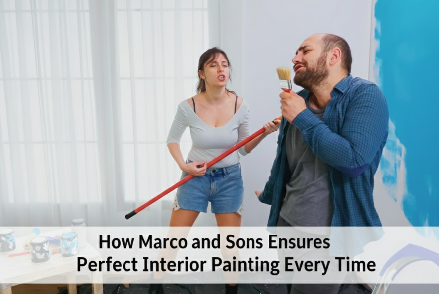 Professional painter using a roller to apply light blue paint to a living room wall, demonstrating precision and high-quality work.