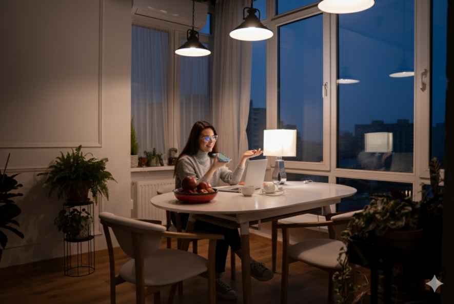 A woman working in a warmly lit modern room at night with text overlay: 'Lighting Installation Tips to Enhance Your Home and Office.'