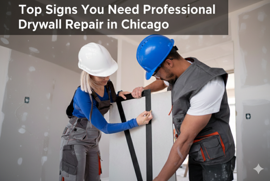 Professional drywall contractors measuring a sheet of drywall with the title 'Top Signs You Need Professional Drywall Repair in Chicago'.