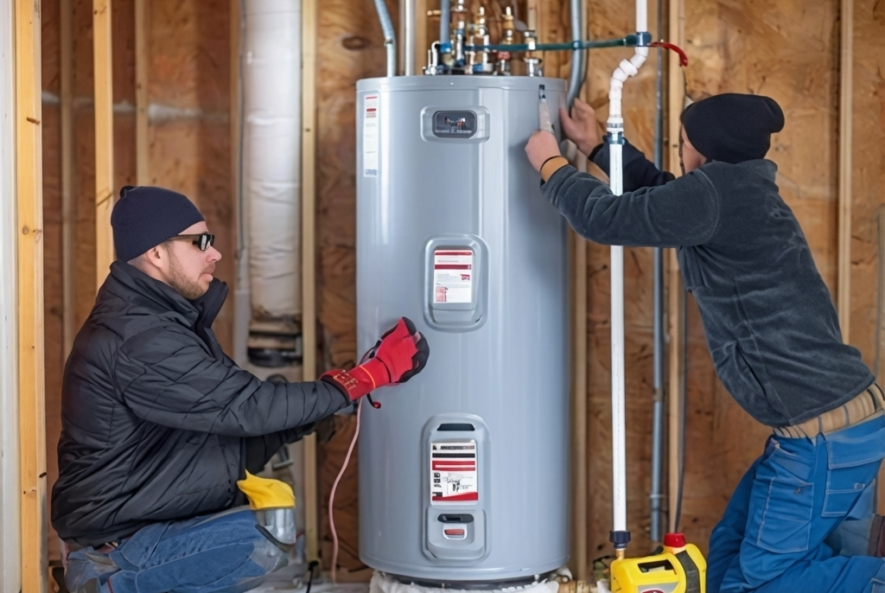 Technicians performing maintenance on a hot water tank.