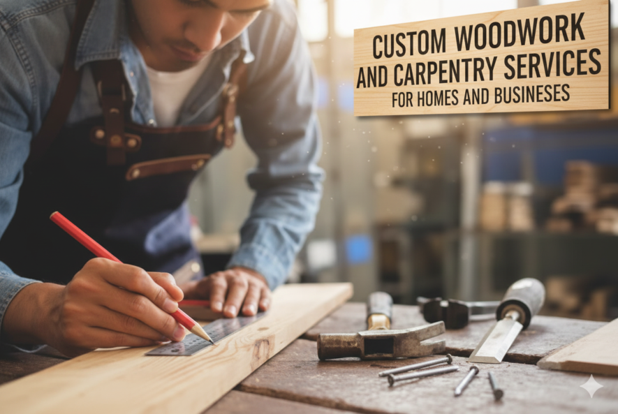 Carpenter working at a bench with text: Custom Woodwork and Carpentry Services for Homes and Businesses.
