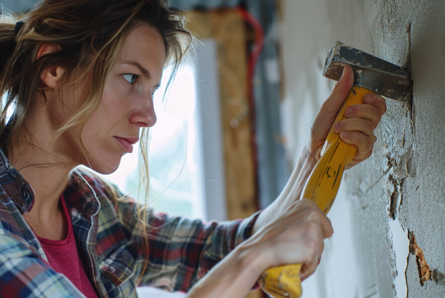 Handyman services Chicago professional carefully chiseling a wall during a home renovation project.
