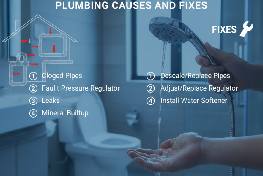 Low Water Pressure in Your Home? Plumbing Causes and Fixes" featuring a hand holding a showerhead with weak water flow. The image lists plumbing issues like clogged pipes and leaks alongside solutions such as descaling pipes and adjusting regulators, set against a blue-toned bathroom background.
