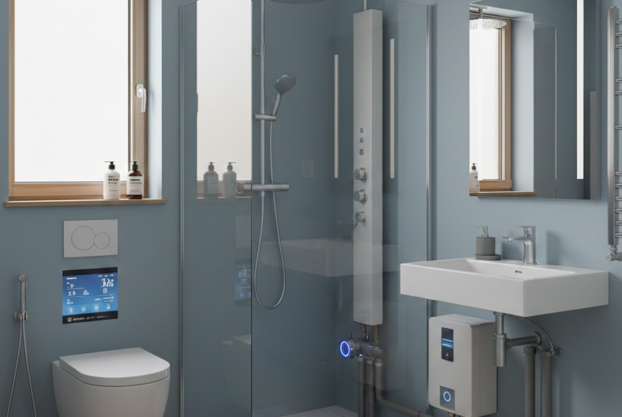 A modern bathroom featuring high-tech plumbing upgrades for comfort and efficiency, including a sleek wall-mounted toilet, a glass walk-in shower with a rain showerhead and digital temperature controls, and an energy-efficient tankless water heater installed beneath a floating sink. The image includes text overlays at the top and bottom: 'BATHROOM PLUMBING UPGRADES' and 'IMPROVE COMFORT AND EFFICIENCY.'"