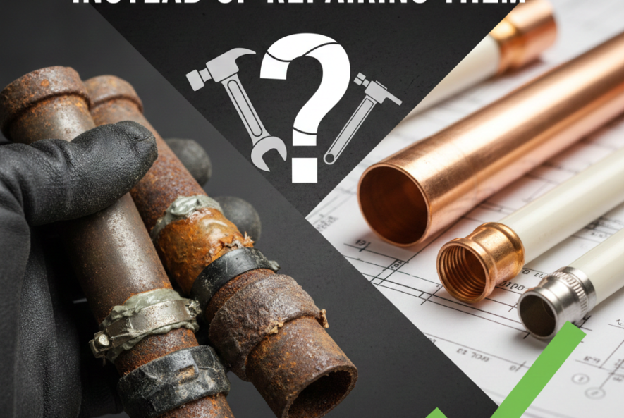 "A comparison image titled 'When to Replace Old Pipes Instead of Repairing Them,' showing rusty, corroded pipes on the left and new copper pipes with a green checkmark on the right."