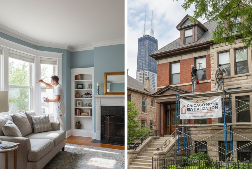 Comparison of interior vs. exterior painting on Chicago houses, showing a painter in a bright living room and a professional crew working on a historic brick building.