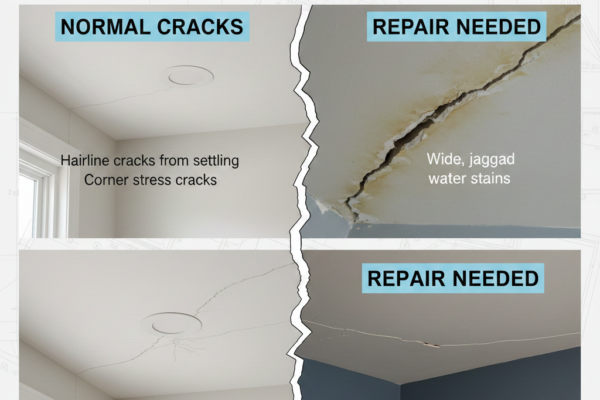 Infographic titled 'Drywall Cracks Explained' comparing normal settling to serious damage. Left side shows minor hairline cracks and joint expansion. Right side shows repair-ready issues like wide jagged gaps, water stains, and sagging sections.