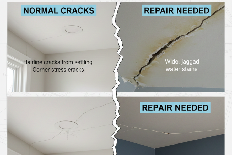 Infographic titled 'Drywall Cracks Explained' comparing normal settling to serious damage. Left side shows minor hairline cracks and joint expansion. Right side shows repair-ready issues like wide jagged gaps, water stains, and sagging sections.