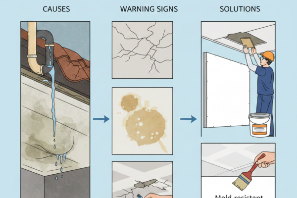 "Ceiling Damage Repair: Causes, Warning Signs, and Solutions" that illustrates common issues like leaking pipes and damaged roofs, visual cues such as water stains and cracks, and professional fixes like drywall patching and applying mold-resistant primer.