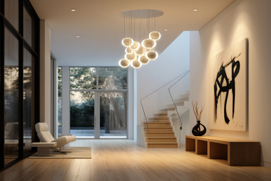 Handyman services Chicago showcasing a modern home interior with a professionally installed chandelier, staircase lighting, and contemporary decor.