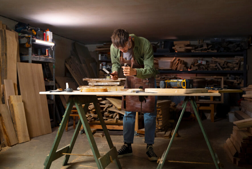 Handyman services Chicago professional working in a workshop, carefully repairing and crafting wood furniture using hand tools and power equipment.